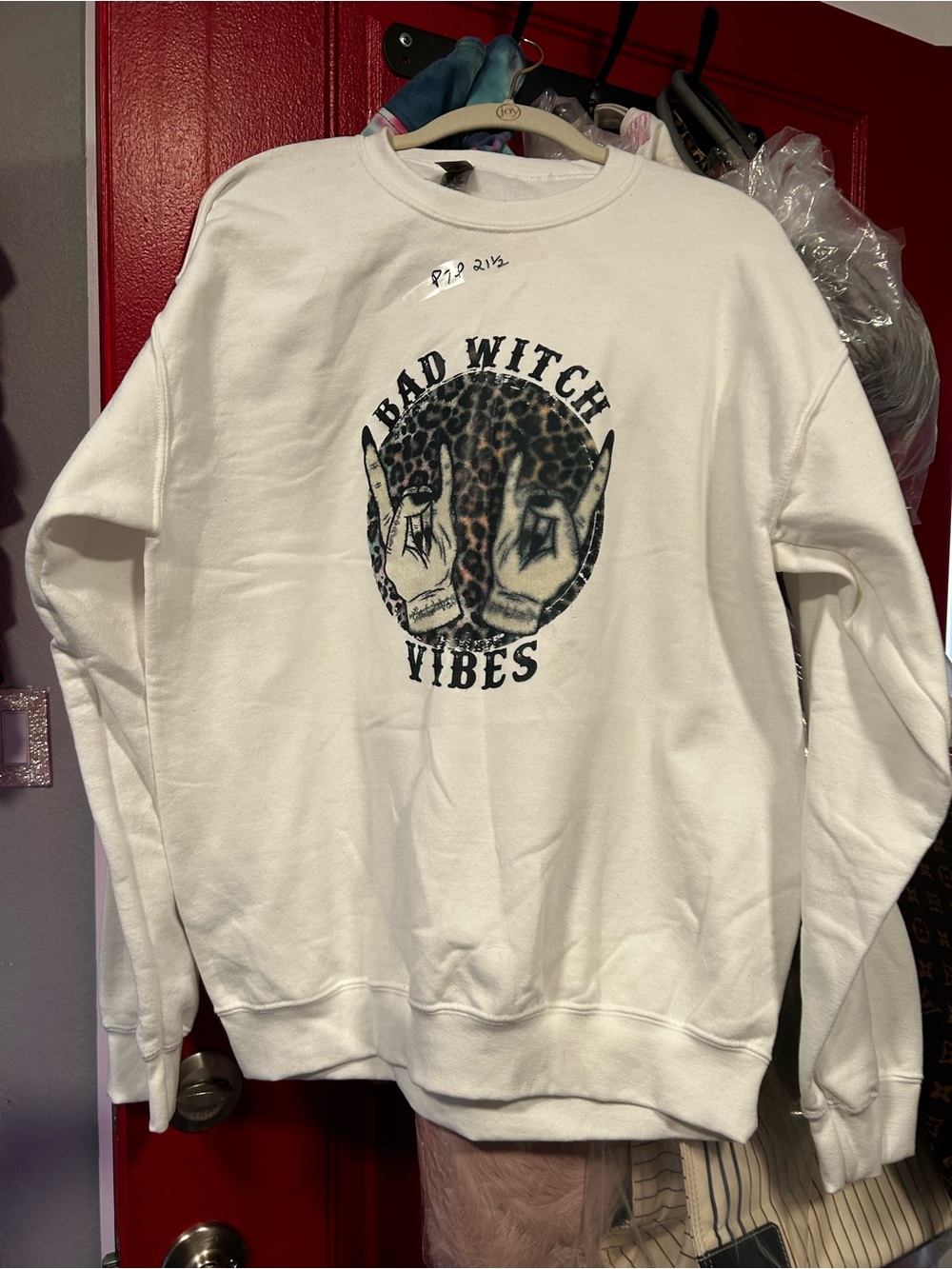 Gildan White Crewneck Sweatshirt with Leopard 'Bad Witch Vibes' Graphic